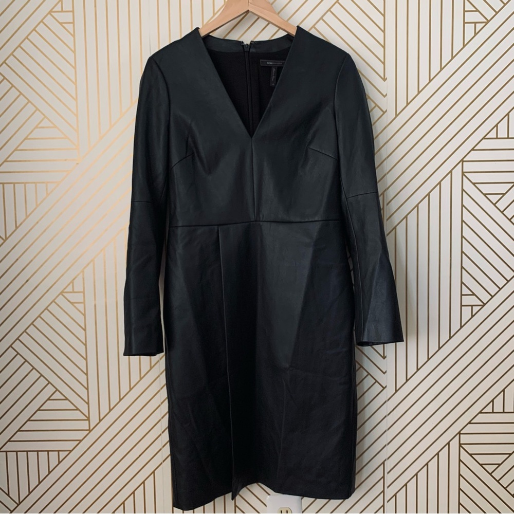 BCBGMAXAZRIA Faux Leather Shift Dress long sleeve v neck pleat structured XS